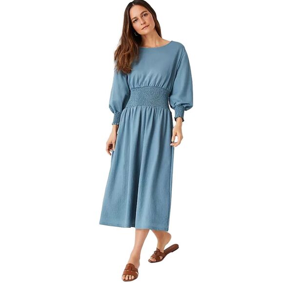 Ann Taylor Smocked Waist Flare Midi Dress Long Sleeve Linen Dress - Picture 1 of 5